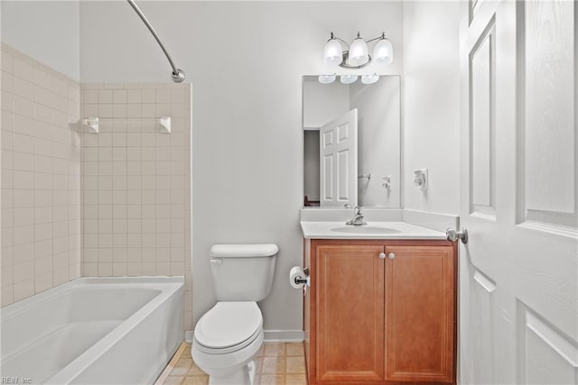 full bathroom featuring tile patterned flooring, vanity, tiled shower / bath combo, and toilet