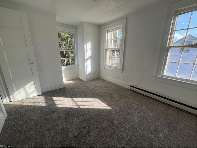 unfurnished room with carpet flooring and baseboard heating