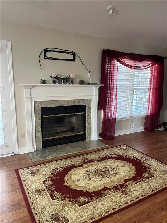 details with hardwood / wood-style flooring and a fireplace