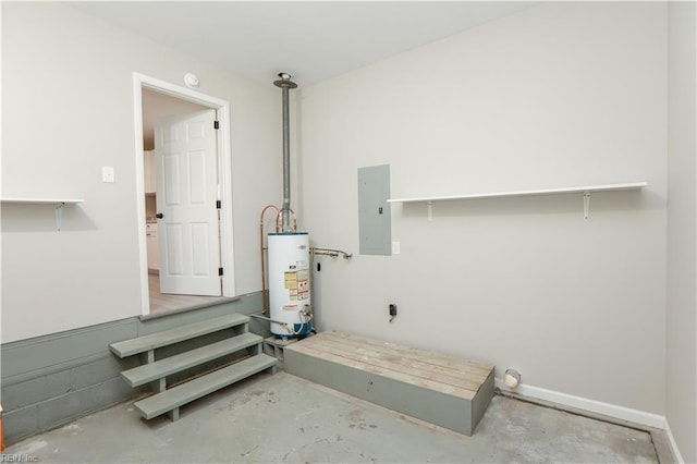 washroom with electric dryer hookup, electric panel, and water heater