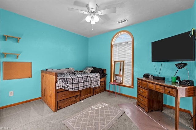 bedroom featuring ceiling fan and light colored carpet