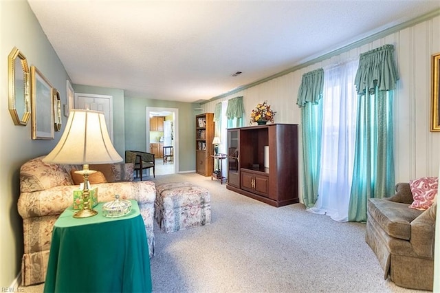 living room featuring light colored carpet