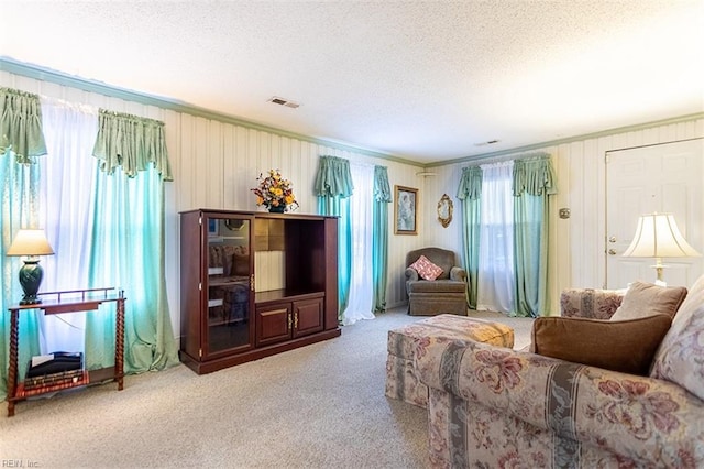 living area featuring carpet, ornamental molding, and a textured ceiling