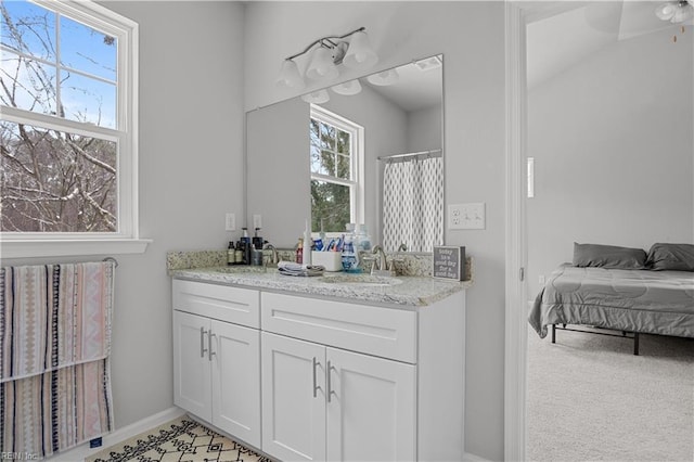 bathroom with a shower with curtain and vanity