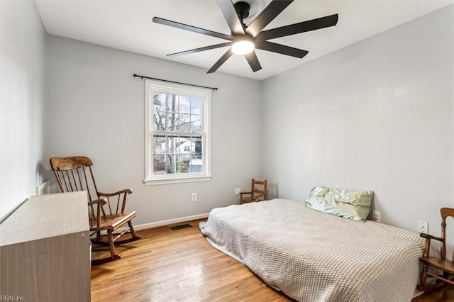 bedroom with ceiling fan and light wood-type flooring