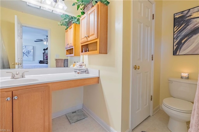 bathroom featuring tile patterned floors, vanity, toilet, and ceiling fan