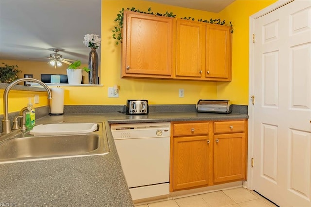 kitchen with ceiling fan, sink, white dishwasher, and light tile patterned floors