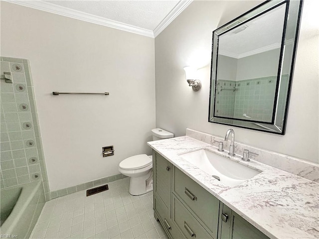 full bathroom featuring vanity, crown molding, a textured ceiling, toilet, and shower / bathing tub combination