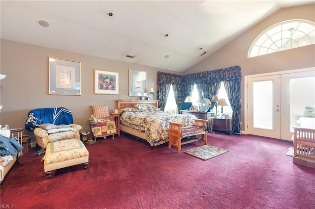 carpeted bedroom with lofted ceiling, access to outside, and french doors