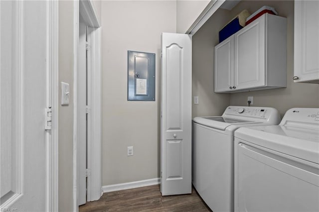 washroom with electric panel, dark wood-type flooring, cabinets, and independent washer and dryer