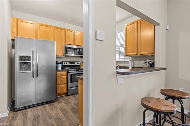 kitchen featuring dark hardwood / wood-style flooring, kitchen peninsula, and appliances with stainless steel finishes