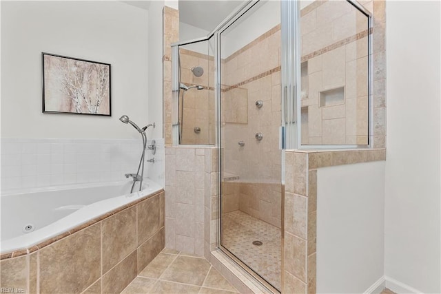 bathroom featuring tile patterned flooring and plus walk in shower