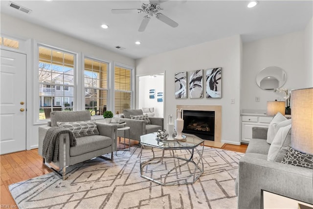 living room featuring ceiling fan and light wood-type flooring