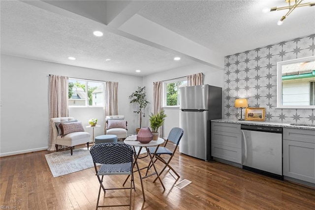 kitchen with dark wood-type flooring, stainless steel appliances, light stone counters, plenty of natural light, and gray cabinets