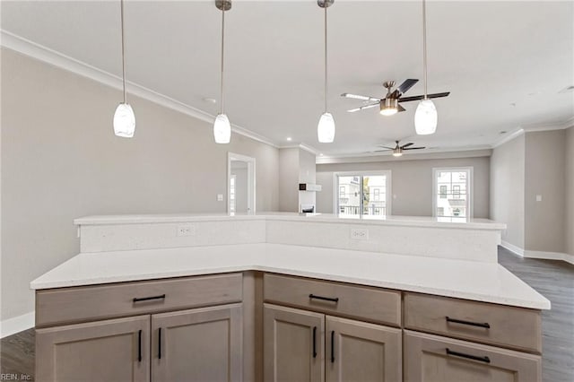 kitchen with decorative light fixtures, ceiling fan, ornamental molding, and dark hardwood / wood-style flooring