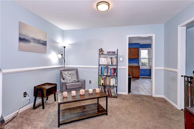 living area with light colored carpet