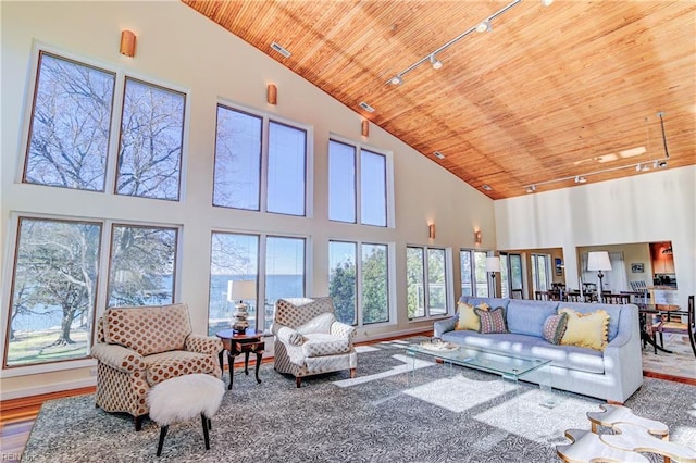 sunroom featuring rail lighting and wooden ceiling