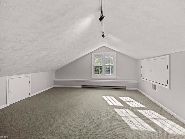 bonus room featuring lofted ceiling, carpet flooring, and a baseboard heating unit