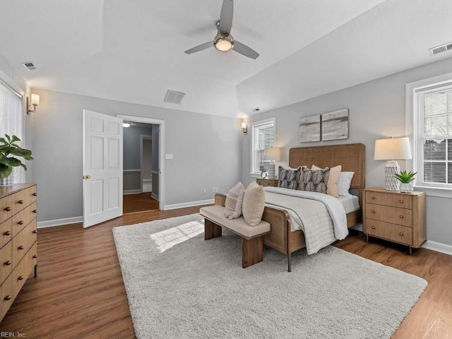 bedroom featuring dark hardwood / wood-style flooring, ceiling fan, and multiple windows