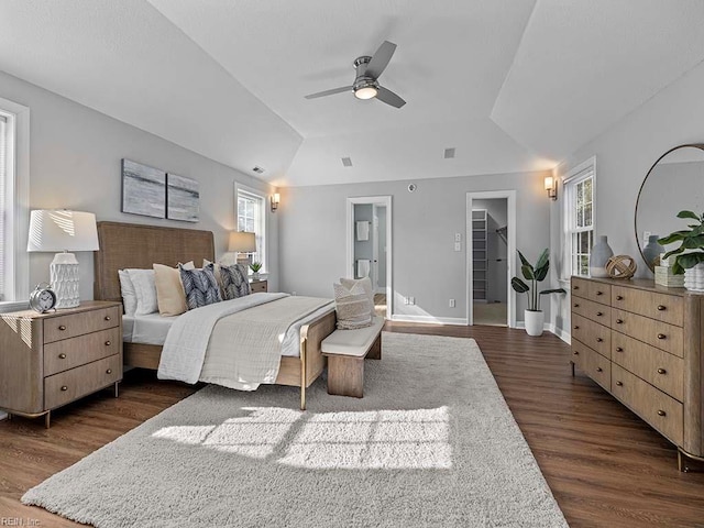 bedroom featuring vaulted ceiling, a spacious closet, ceiling fan, a closet, and dark hardwood / wood-style floors