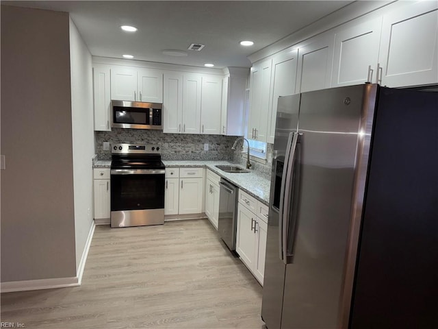 kitchen featuring backsplash, sink, appliances with stainless steel finishes, light stone counters, and white cabinetry