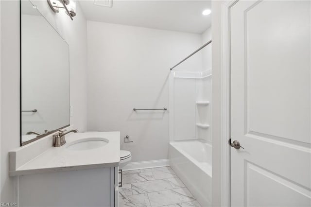 full bathroom with bathing tub / shower combination, vanity, and toilet