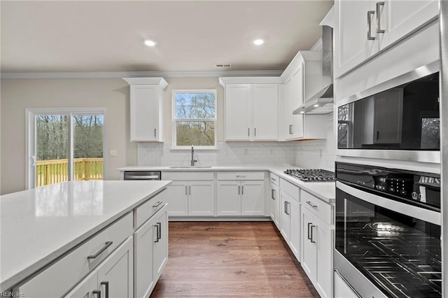 kitchen with sink, crown molding, wall chimney exhaust hood, decorative backsplash, and white cabinetry