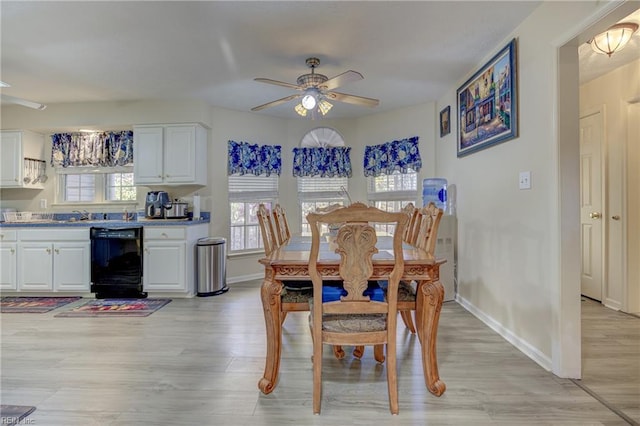 dining room featuring light wood-type flooring and ceiling fan