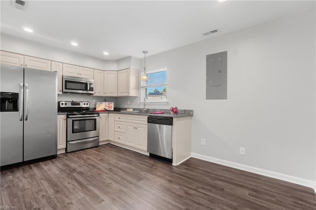 kitchen with white cabinetry, dark hardwood / wood-style flooring, electric panel, decorative light fixtures, and appliances with stainless steel finishes