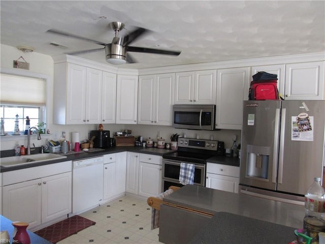 kitchen featuring ceiling fan, sink, white cabinets, and appliances with stainless steel finishes