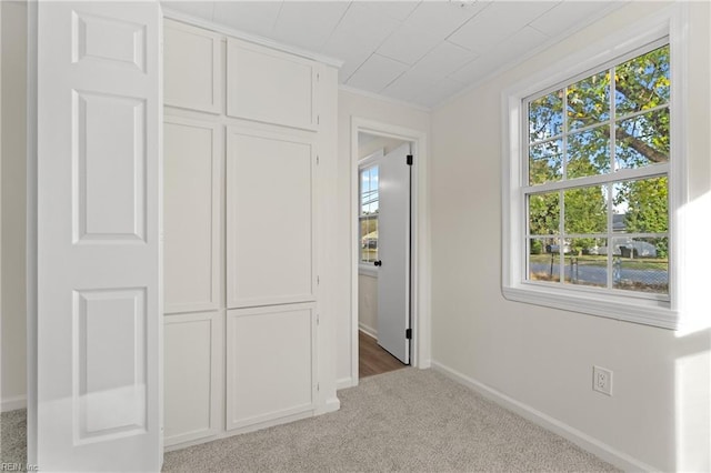 interior space with crown molding, a closet, and carpet floors