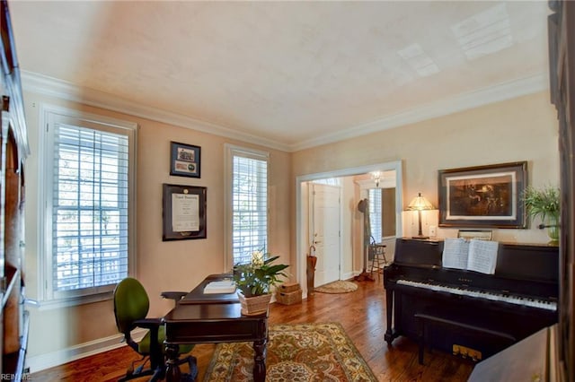 home office featuring ornamental molding and dark hardwood / wood-style flooring