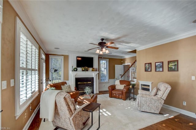 living room featuring ceiling fan, crown molding, and light hardwood / wood-style flooring