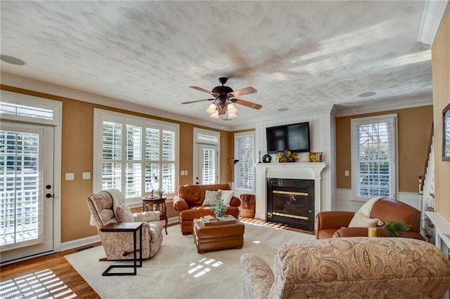 living room featuring ornamental molding, a premium fireplace, light hardwood / wood-style floors, and plenty of natural light