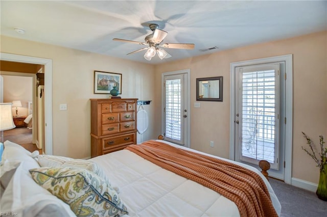 carpeted bedroom with access to outside and ceiling fan