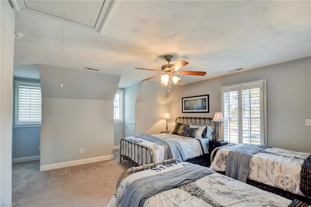 carpeted bedroom with ceiling fan