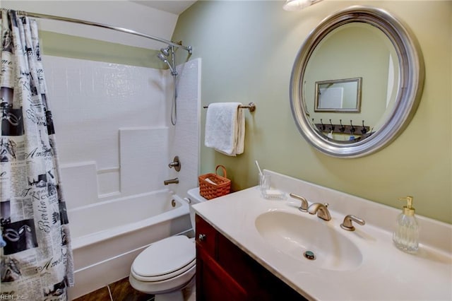 full bathroom with toilet, tile patterned floors, shower / tub combo with curtain, and vanity