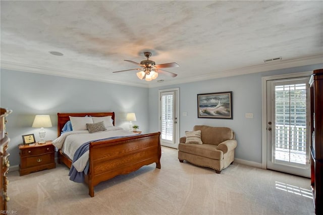 bedroom with ceiling fan, ornamental molding, light carpet, and access to exterior