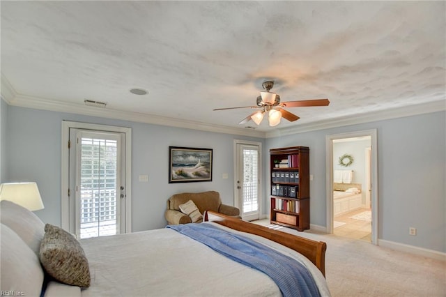 bedroom with light carpet, ensuite bathroom, ceiling fan, ornamental molding, and access to exterior