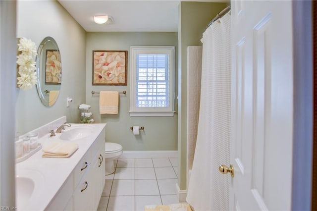 bathroom featuring toilet, tile patterned floors, a shower with shower curtain, and vanity