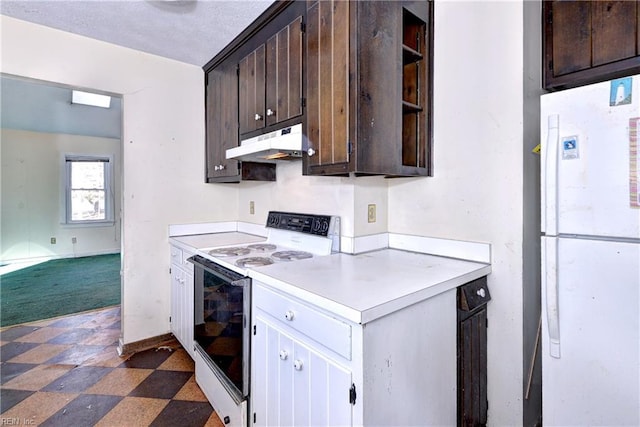 kitchen with white appliances, a textured ceiling, dark carpet, and dark brown cabinetry