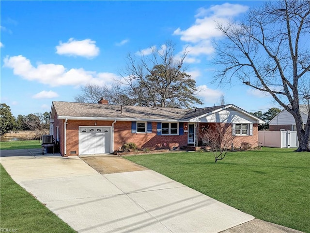 single story home with a garage and a front lawn