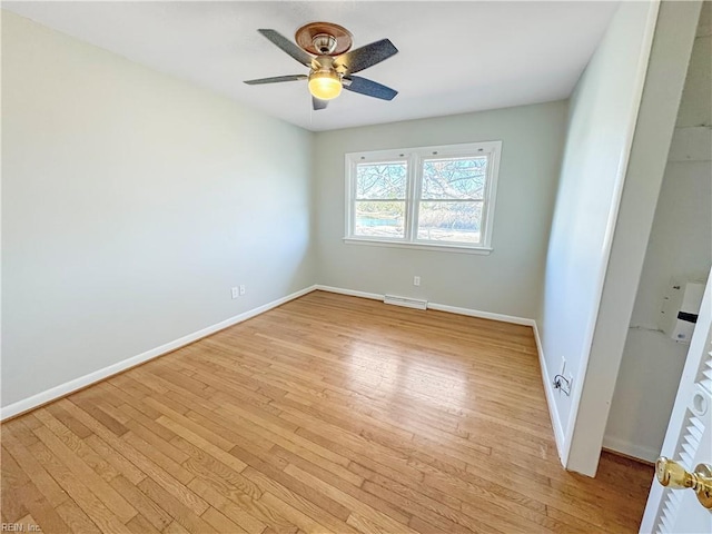 empty room featuring ceiling fan and light hardwood / wood-style floors