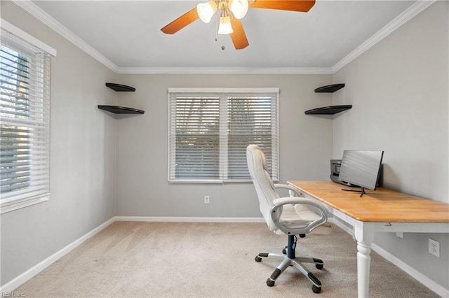 office featuring ceiling fan, crown molding, and light carpet