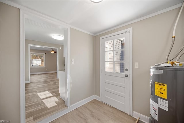 doorway with ceiling fan, light hardwood / wood-style floors, and electric water heater