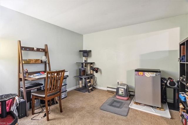 carpeted office with a baseboard radiator