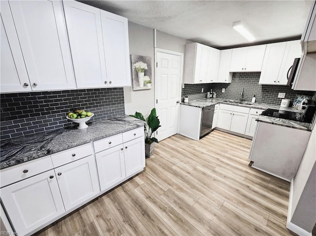 kitchen with white cabinetry, stainless steel dishwasher, backsplash, and sink