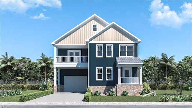 view of front of house with a garage, concrete driveway, a balcony, board and batten siding, and a front yard