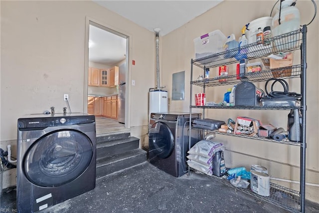 clothes washing area featuring gas water heater, washer / clothes dryer, and electric panel