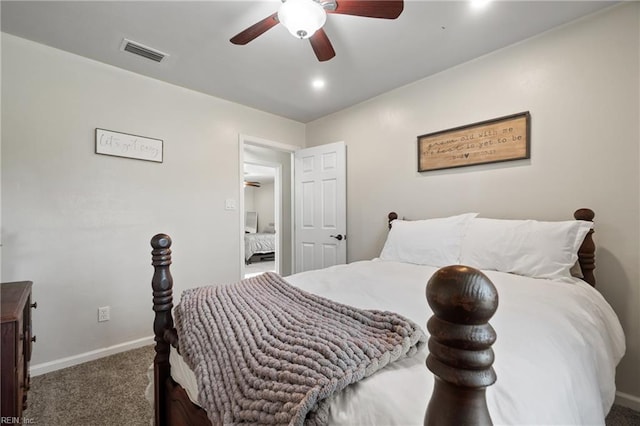 carpeted bedroom with ceiling fan